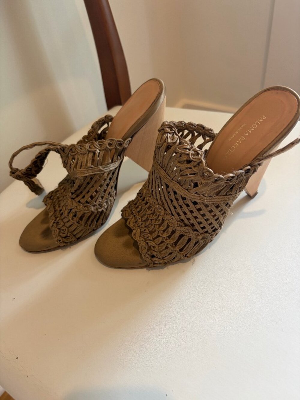 Paloma Barceló Woven Raffia Wood Heel Sandals EU 38
